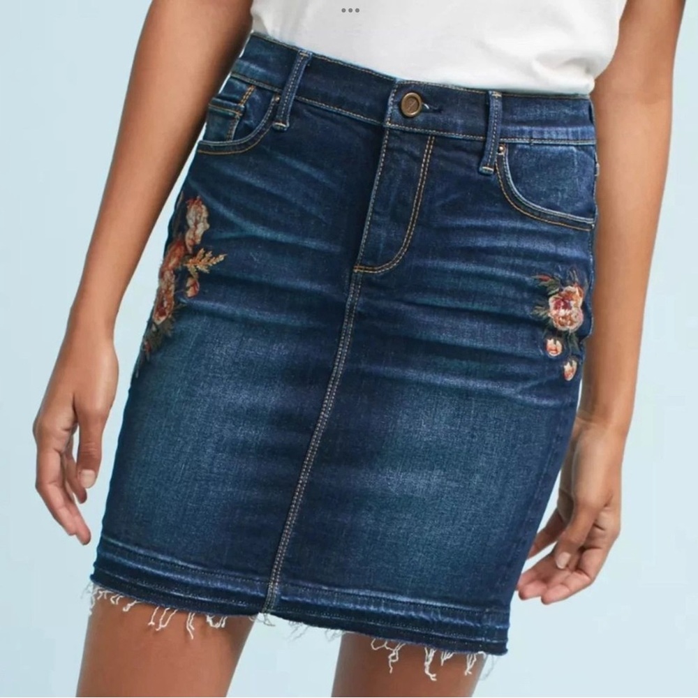 Dex Blue Denim Pencil Skirt with Floral Embroidery